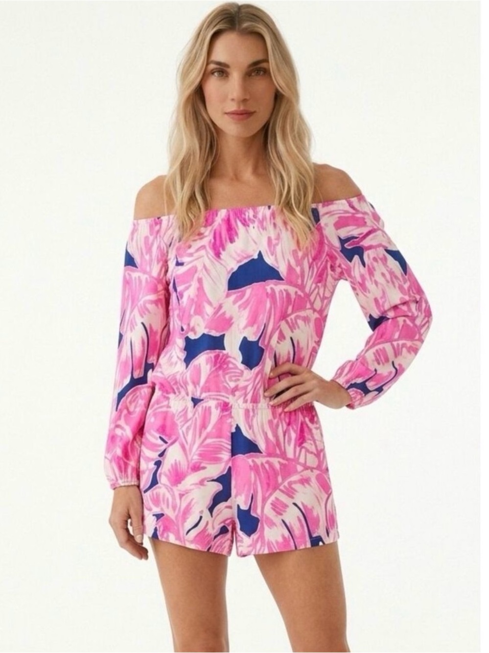 Lilly Pulitzer Tiki Pink Beach Bliss Lana Off The Shoulder Romper